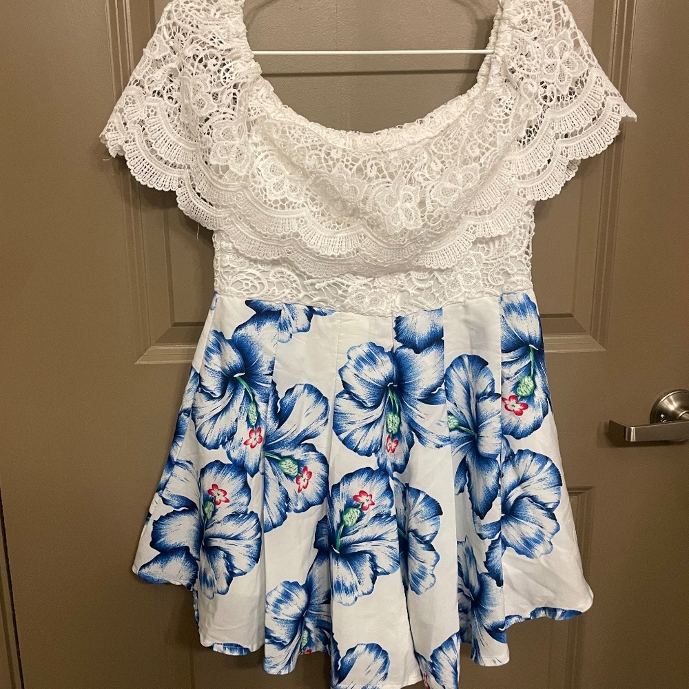 Lace Romper with blue flower bottom
